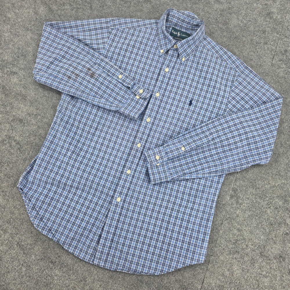 Ralph Lauren Mens Blue White Plaid Classic Fit Button Down Shirt 16 34/35